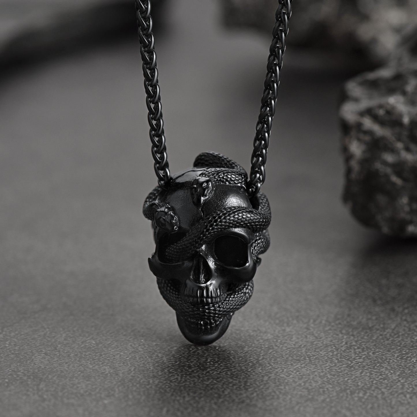 Black Gothic Snake Skull Pendant Necklace for Men