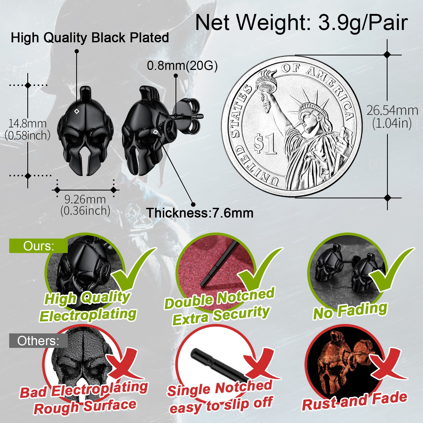Spartan Helmet Stud Earrings - High Quality Black Plated, secure design, no fading