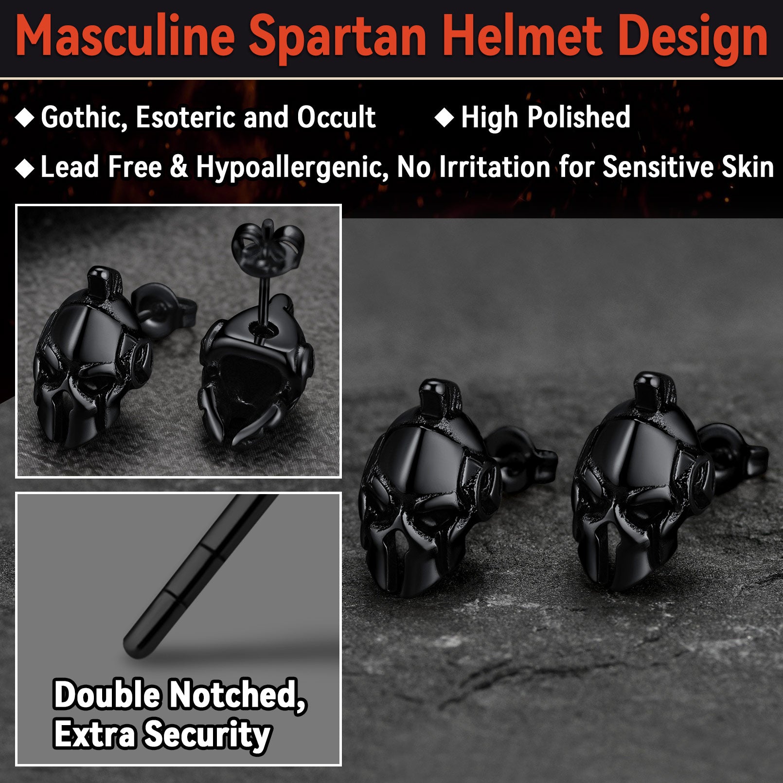 Black Spartan Helmet Stud Earrings - Masculine Design, Hypoallergenic