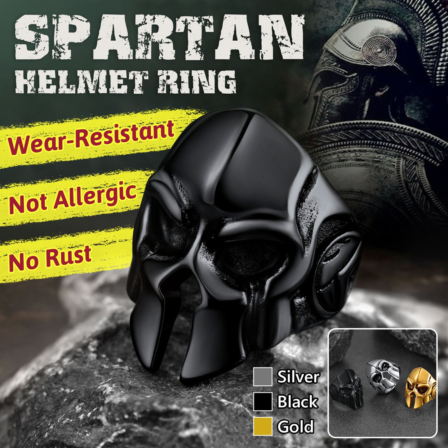 Black Spartan Helmet Ring - Wear-Resistant, Not Allergic, No Rust