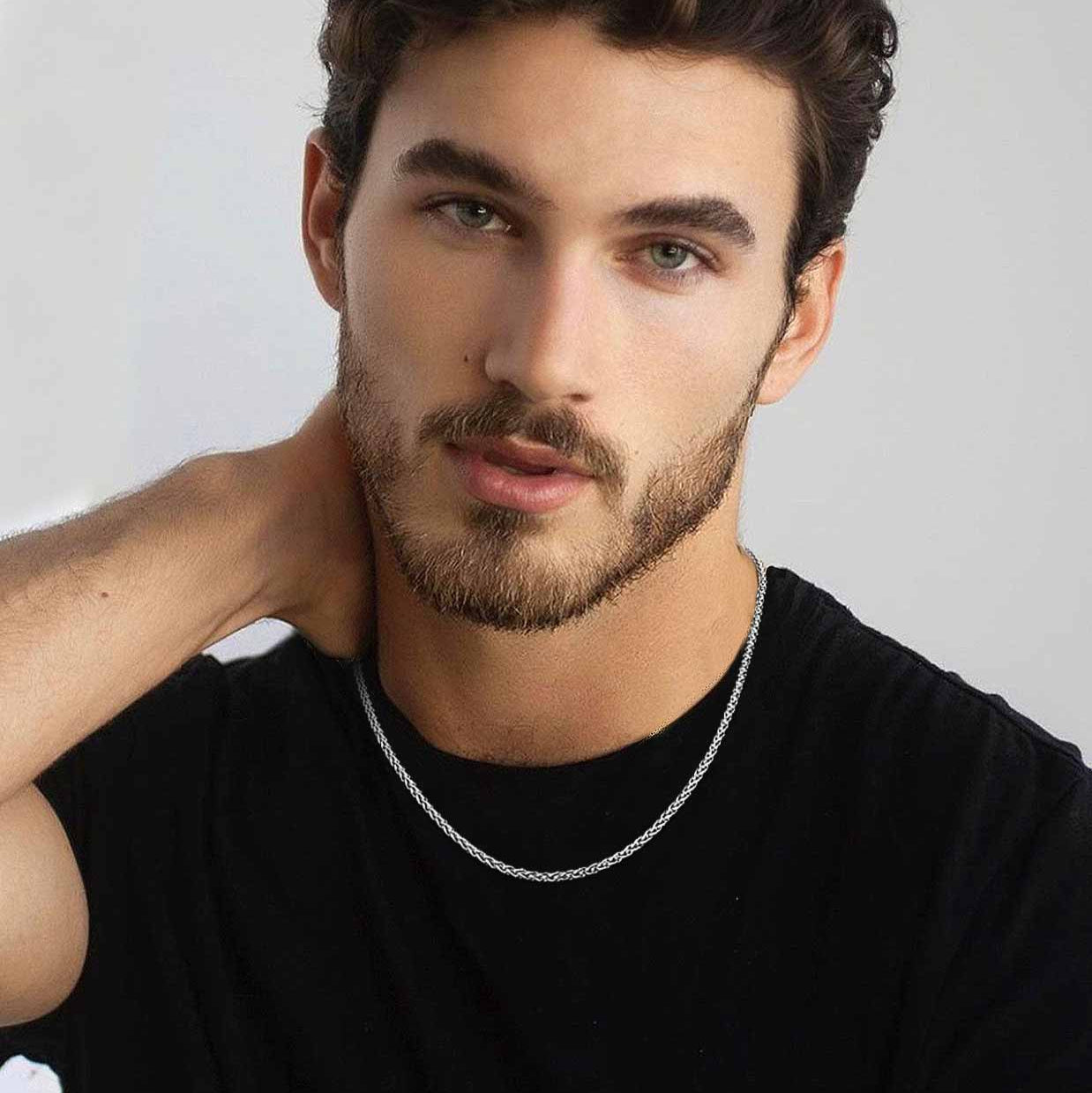 Man wearing Stainless Steel Wheat Chain Necklace 3MM, stylish accessory
