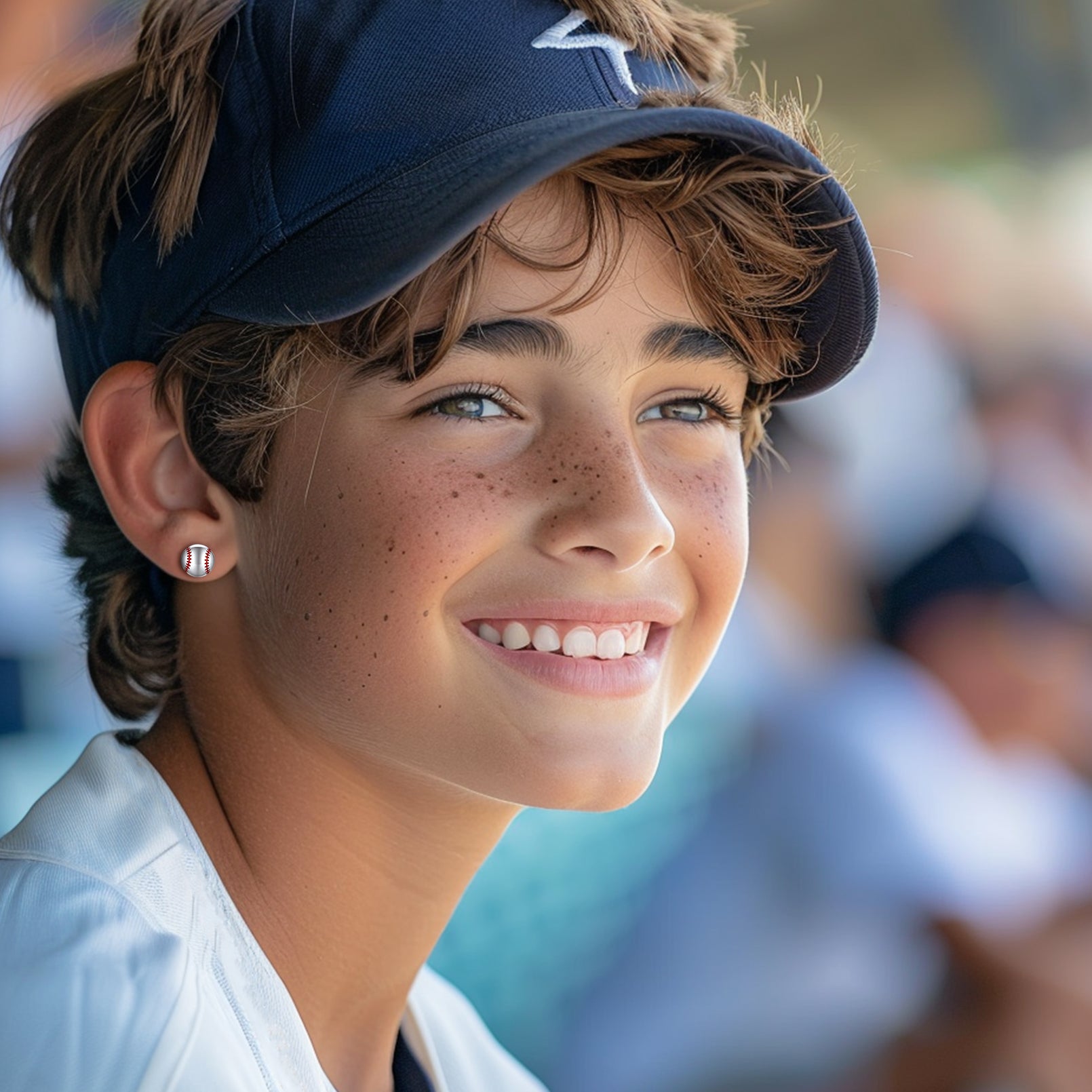 Boy wearing baseball stud earrings smiling