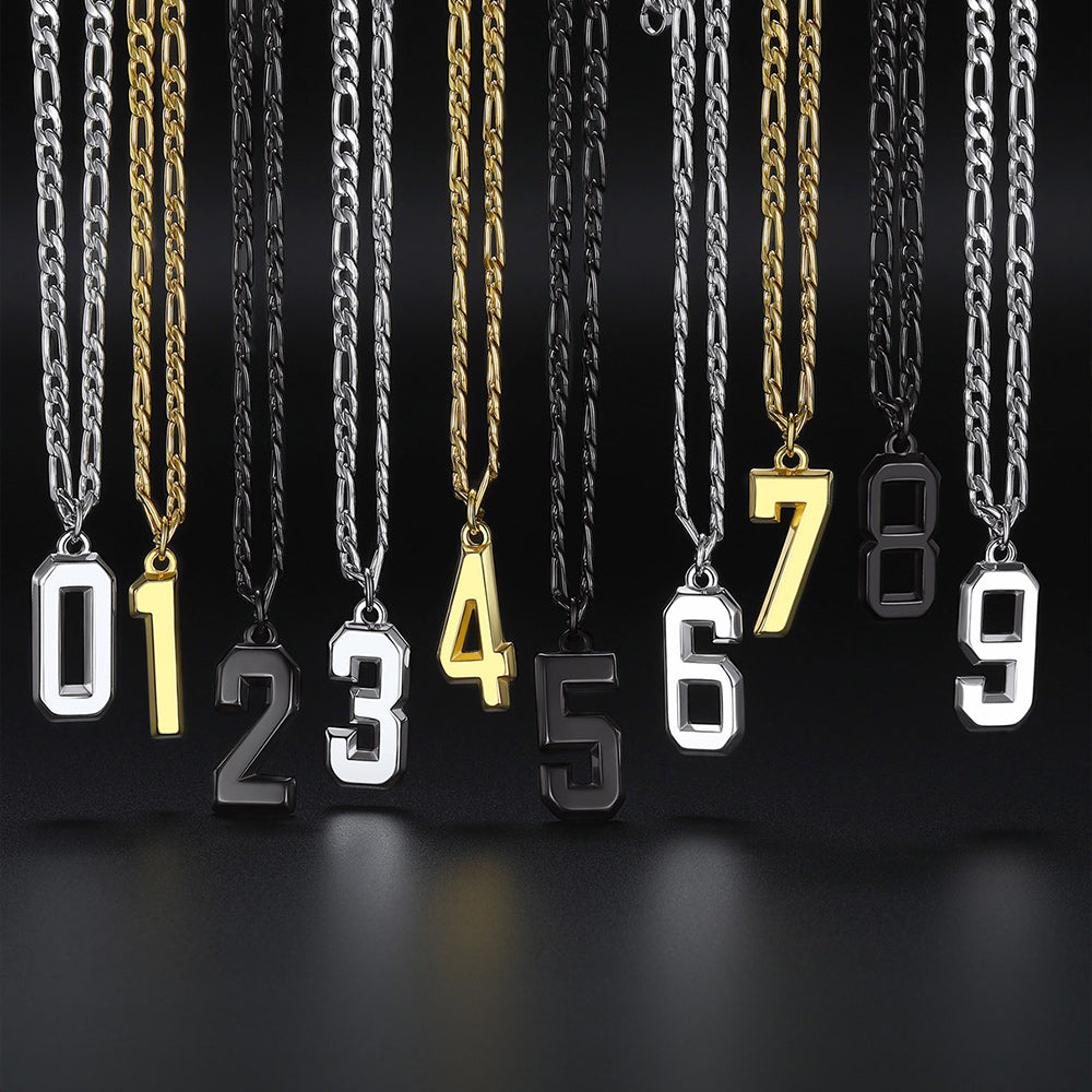 Sports 0-9 Number Pendant Necklaces with Figaro Chain for Men