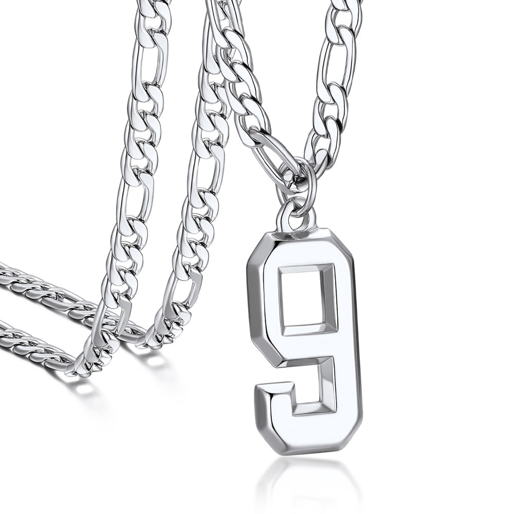 Sports 0-9 Number Pendant Necklaces with Figaro Chain for Men