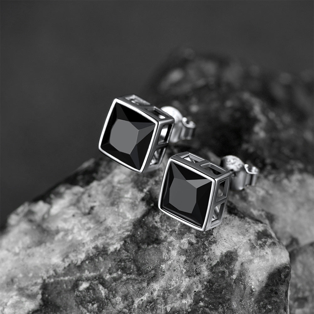 Black onyx square stud earrings, sterling silver, modern design