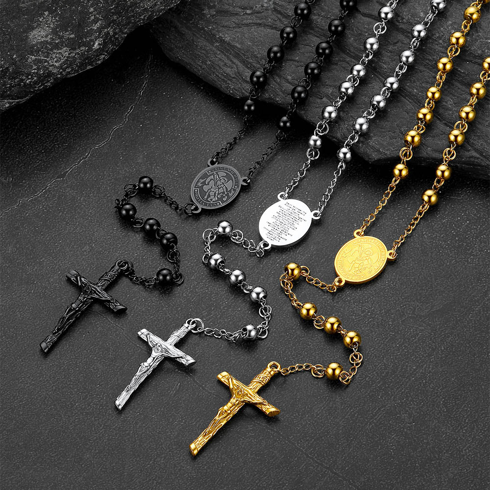 St. Michael Rosary Bead Cross Necklace for Women Men