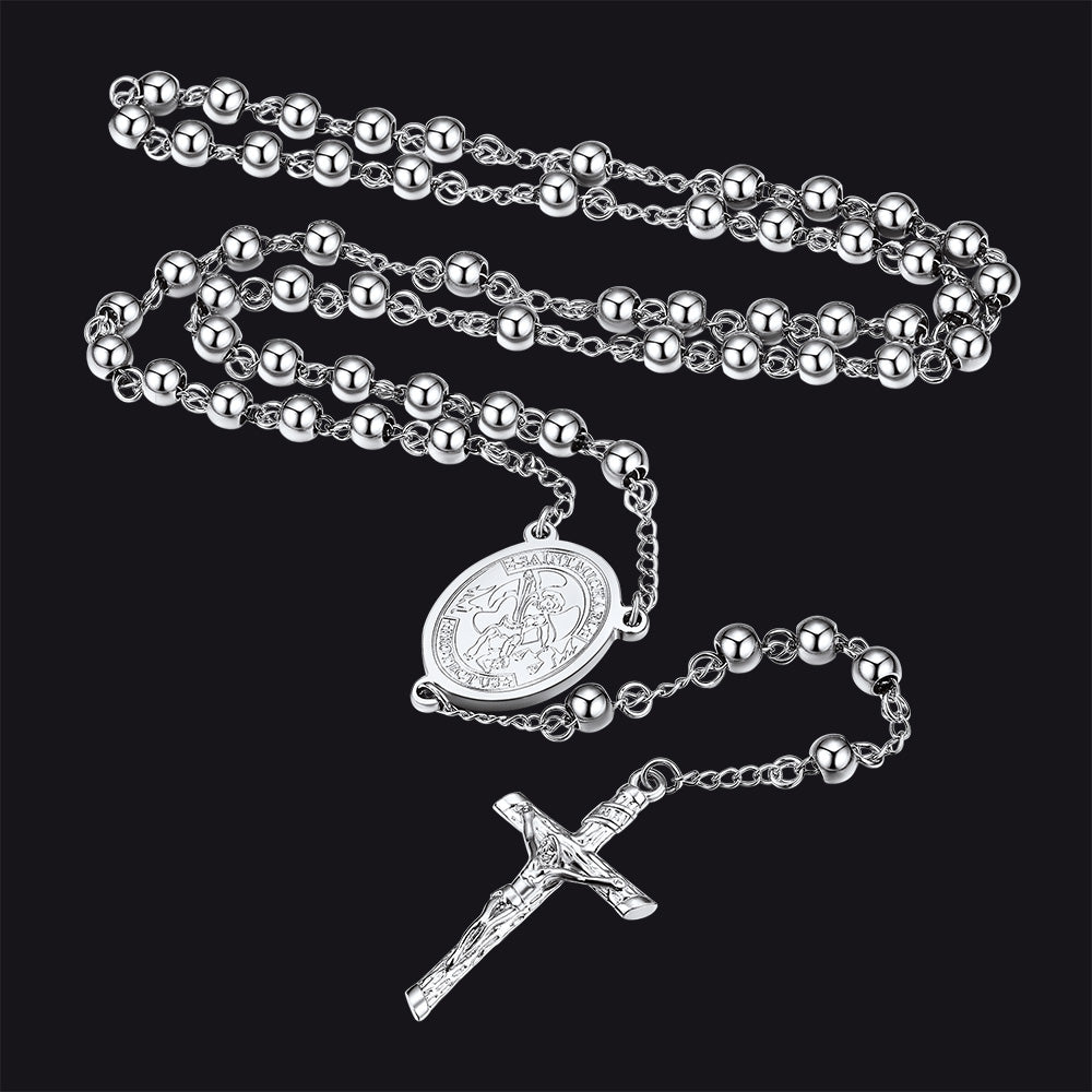 St. Michael Rosary Bead Cross Necklace for Women Men