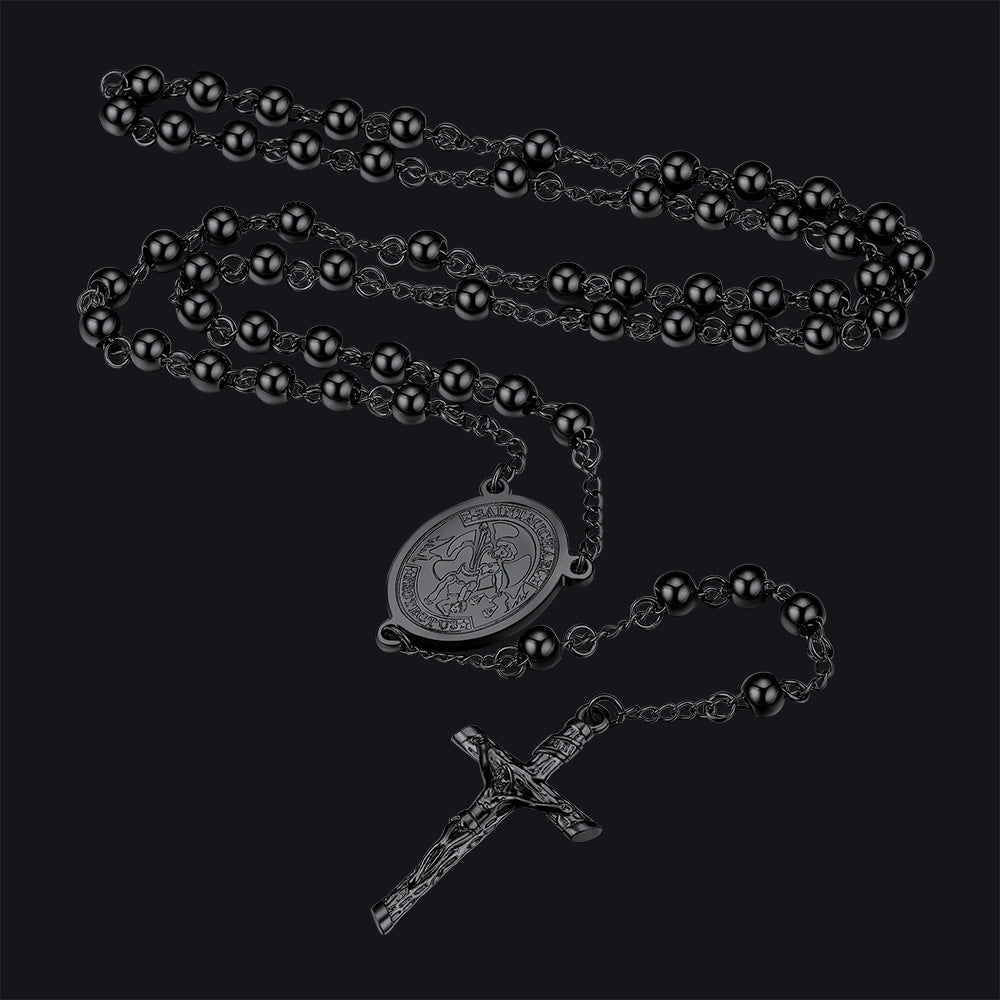 St. Michael Rosary Bead Cross Necklace for Women Men