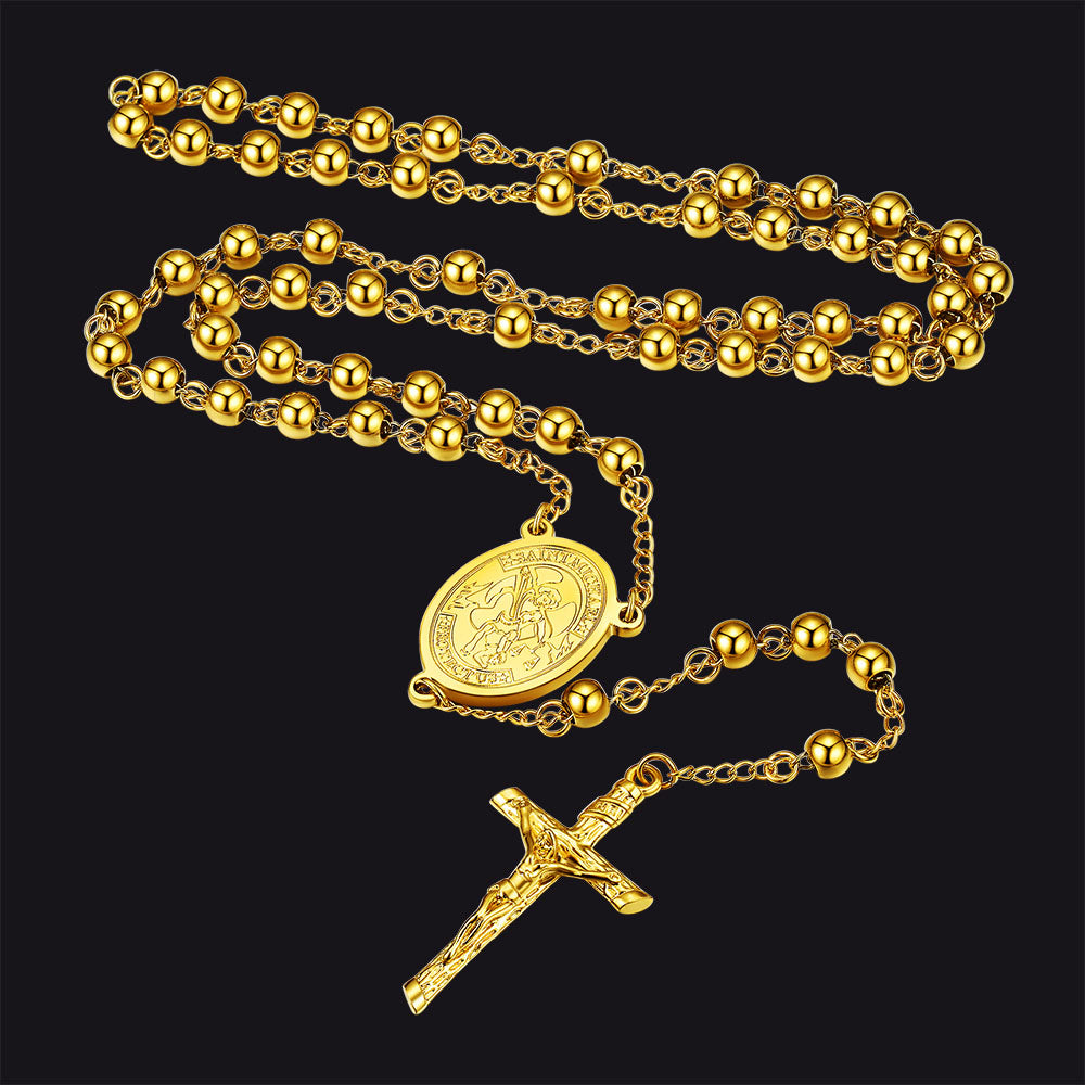 St. Michael Rosary Bead Cross Necklace for Women Men