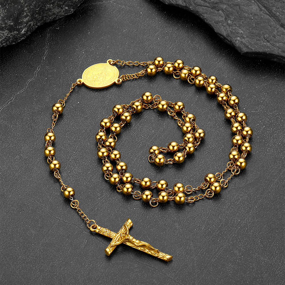 St. Michael Rosary Bead Cross Necklace for Women Men