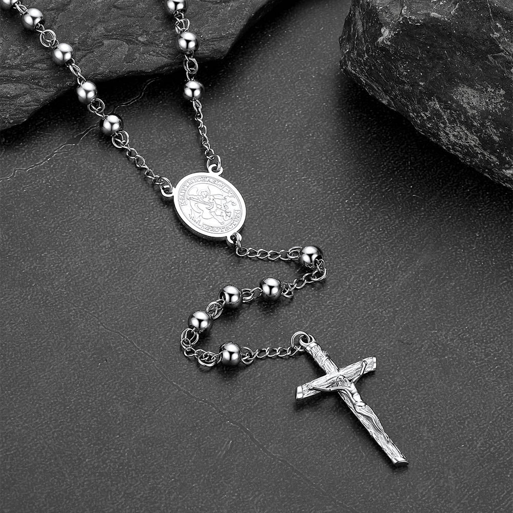 St. Michael Rosary Bead Cross Necklace for Women Men