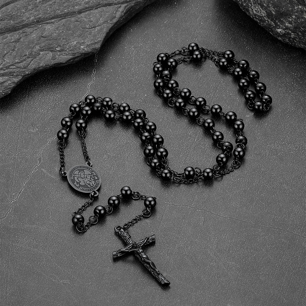 St. Michael Rosary Bead Cross Necklace for Women Men