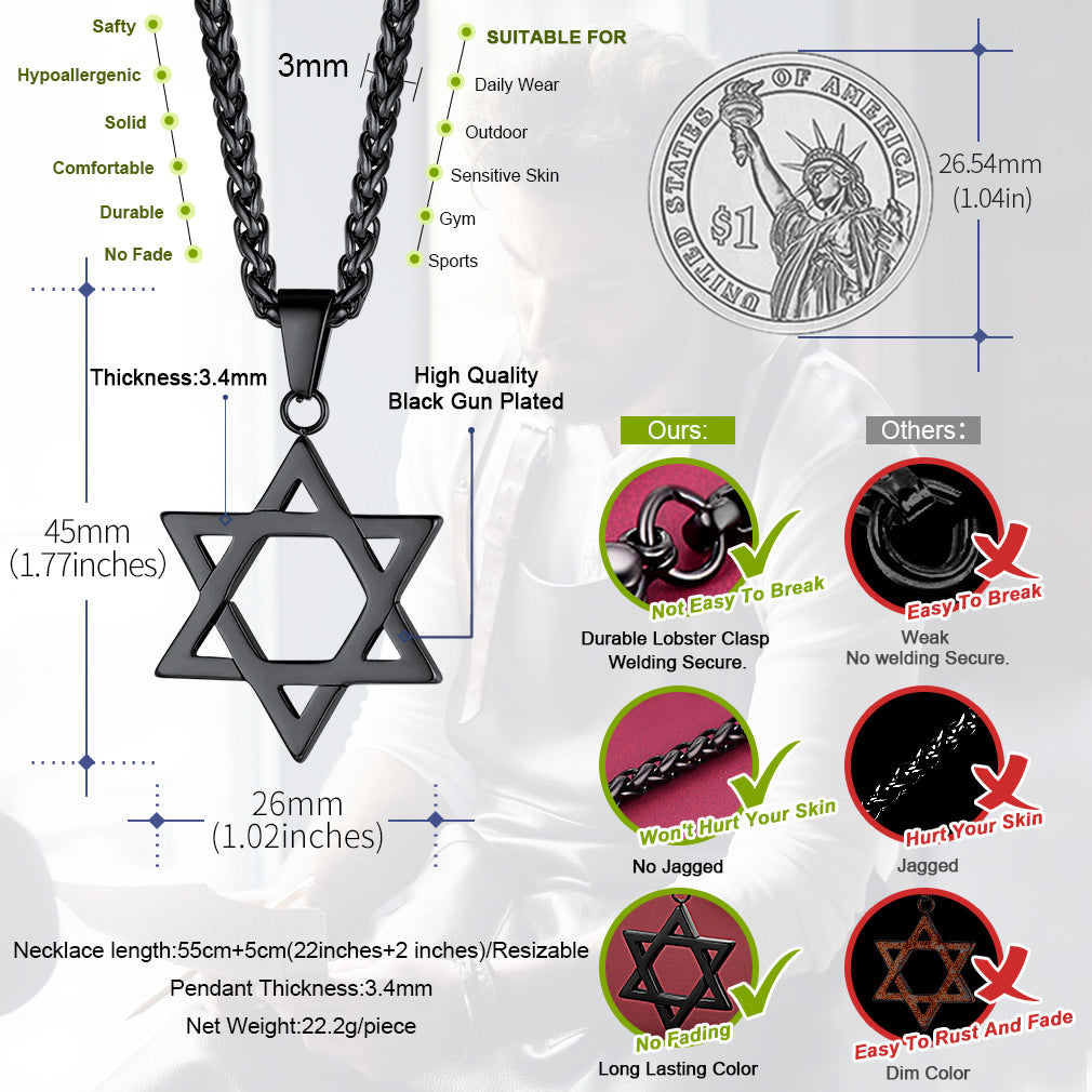 Black Gun Plated Jewish Star of David Necklace with details