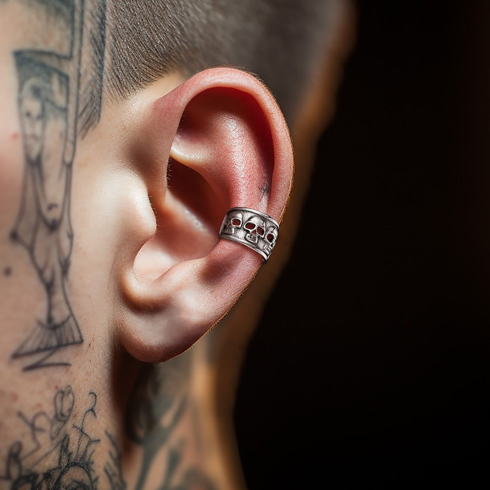 FaithHeart Sterling Silver Skull Ear Cuff Earrings for Men FaithHeart