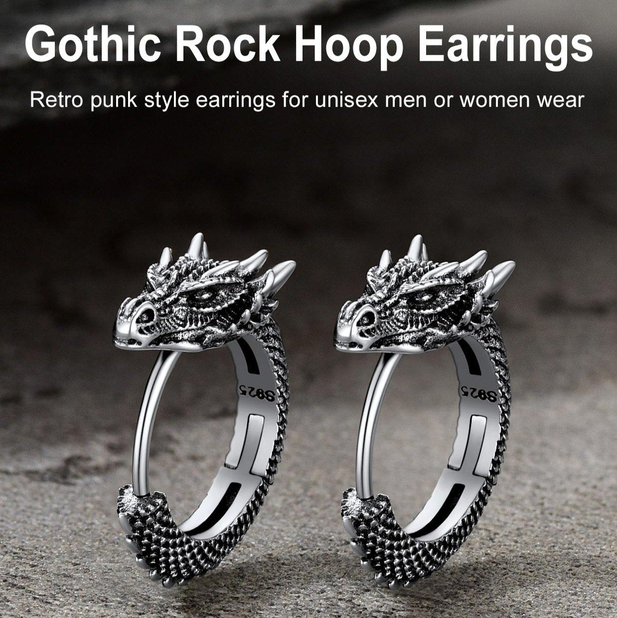 Gothic Rock dragon hoop earrings for men or women in silver. Punk style dragon head earrings.