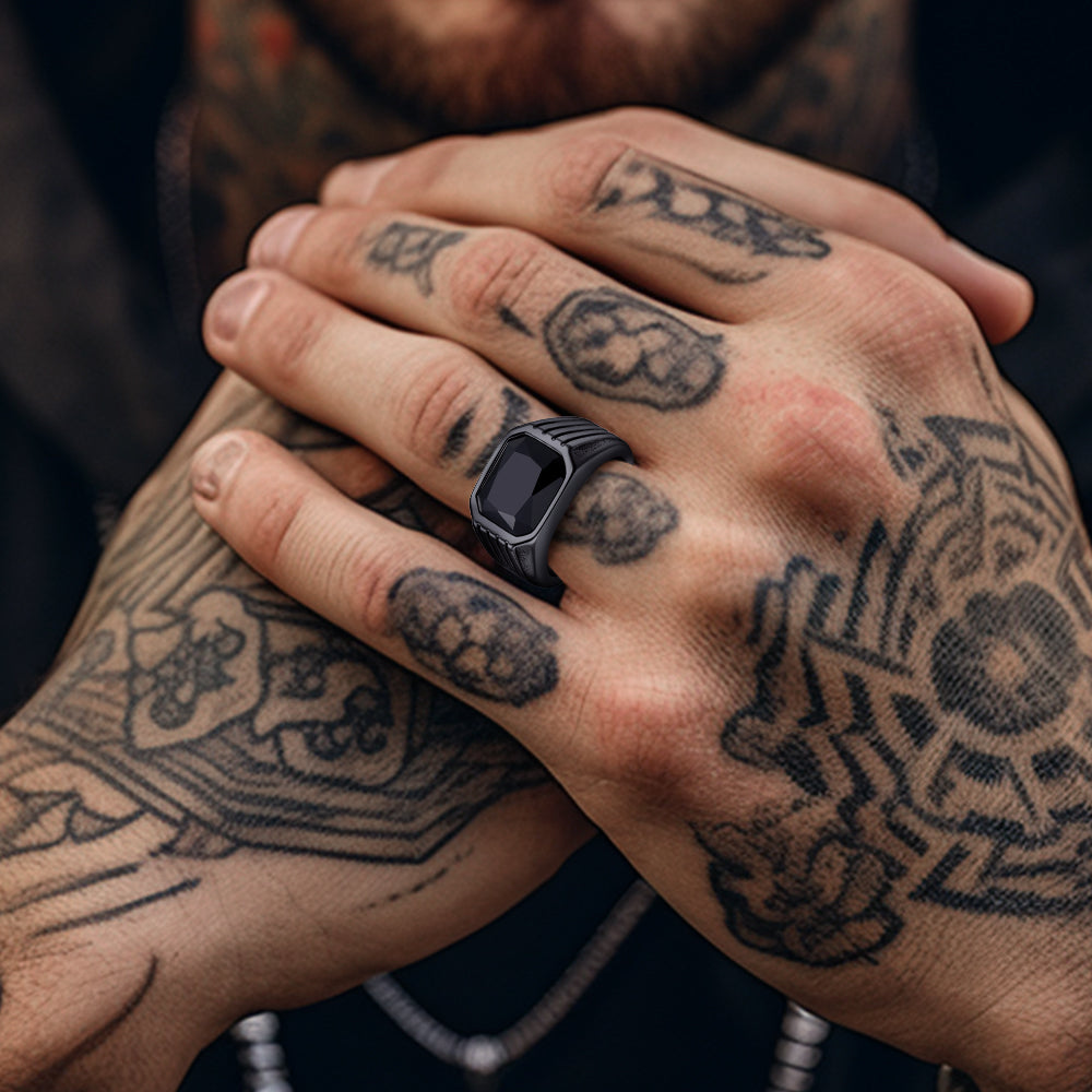 FaithHeart Men's Striped Stone Ring Stainless Steel