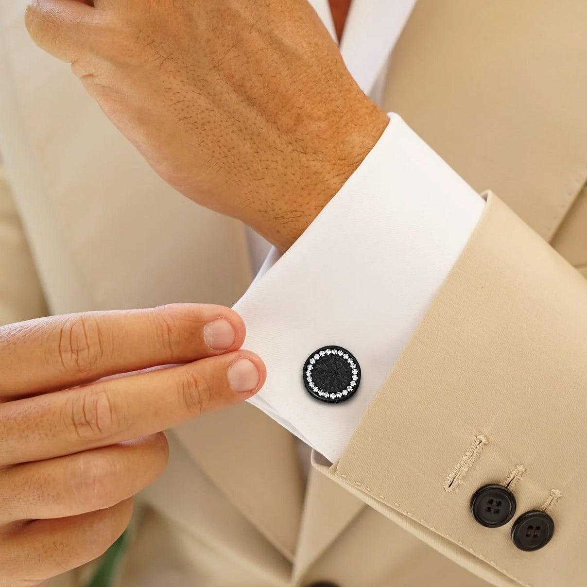 Man wearing Vegvisir compass cufflinks with Cubic Zirconia