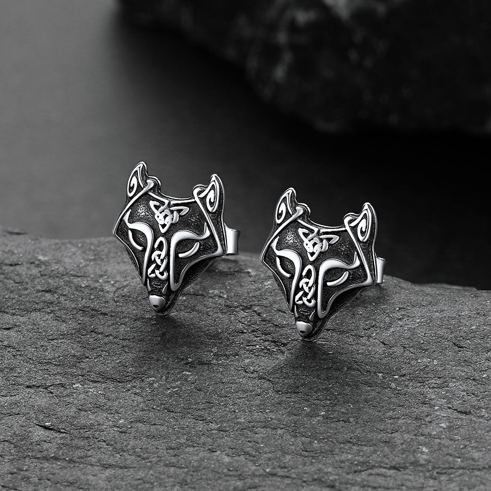 FaithHeart Sterling Silver Viking Celtic Wolf Stud Earrings For Men FaithHeart