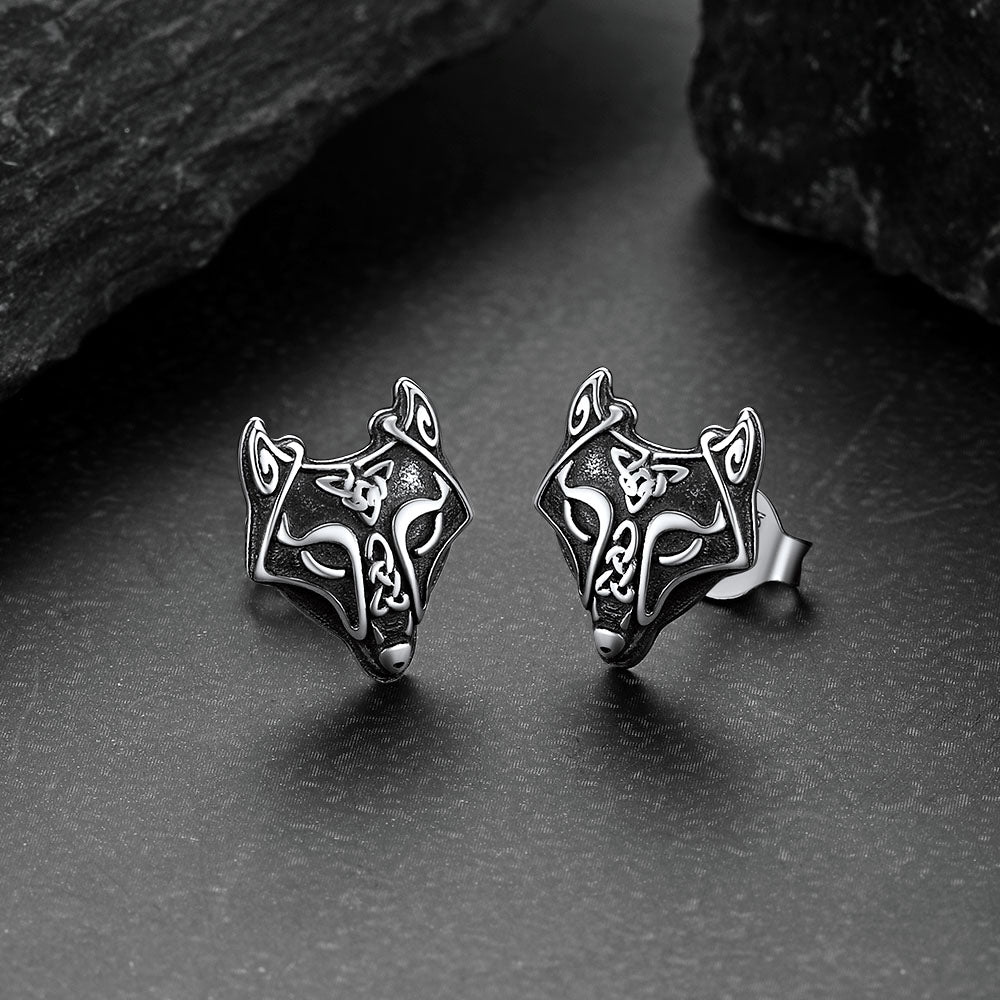 FaithHeart Sterling Silver Viking Celtic Wolf Stud Earrings For Men FaithHeart