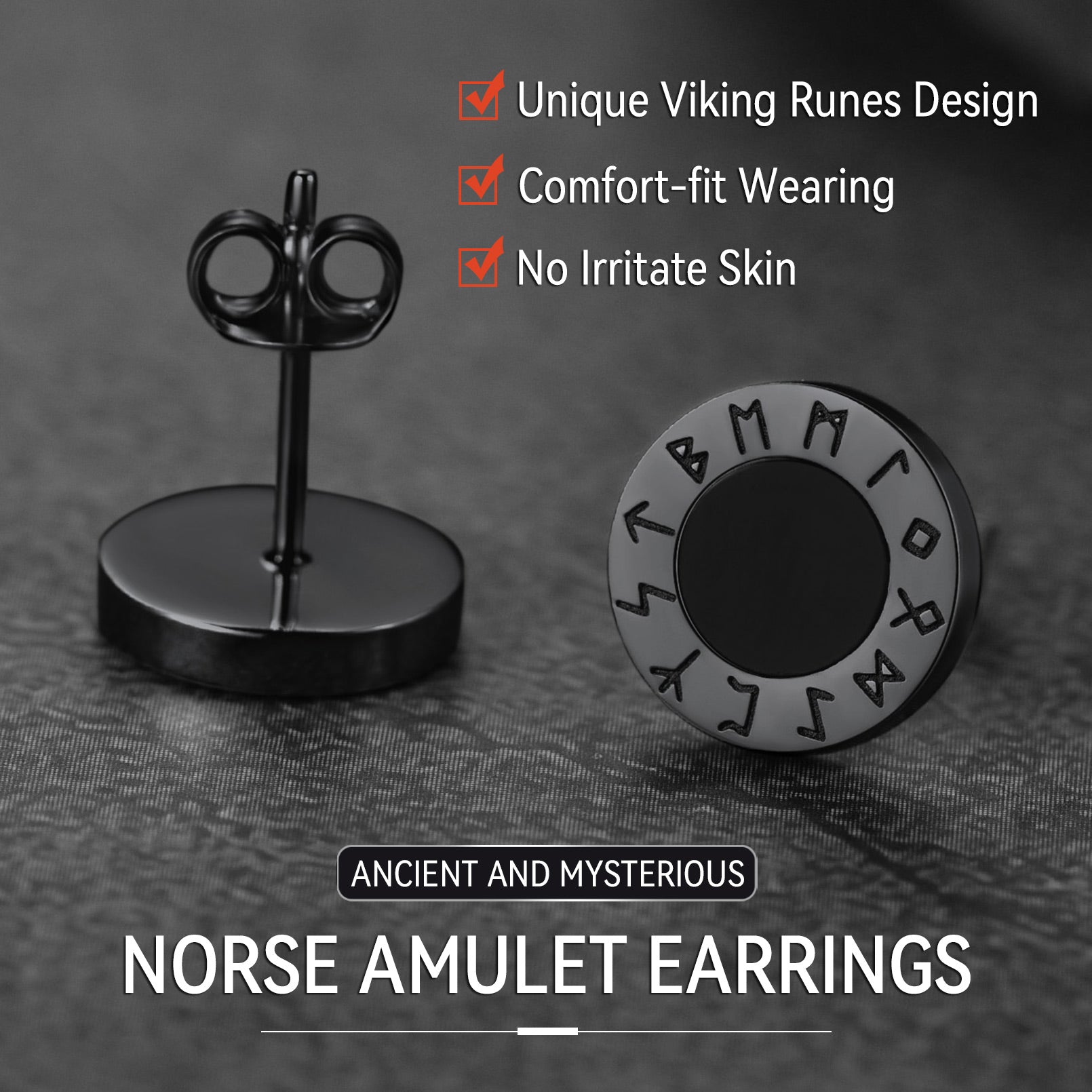 Men's Black Onyx Norse Amulet Earrings with Viking Runes, 925 Sterling Silver