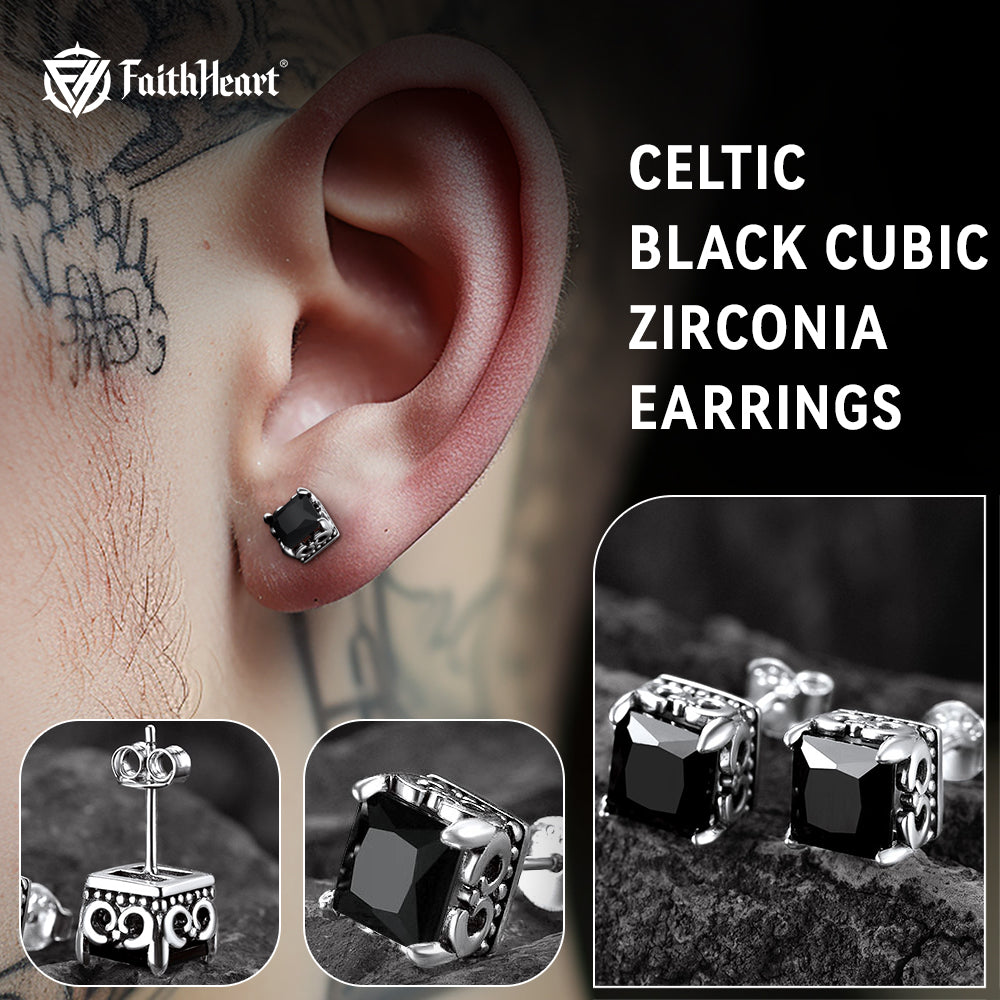 Celtic black cubic zirconia earrings worn, with close-up details and 'FaithHeart' branding.