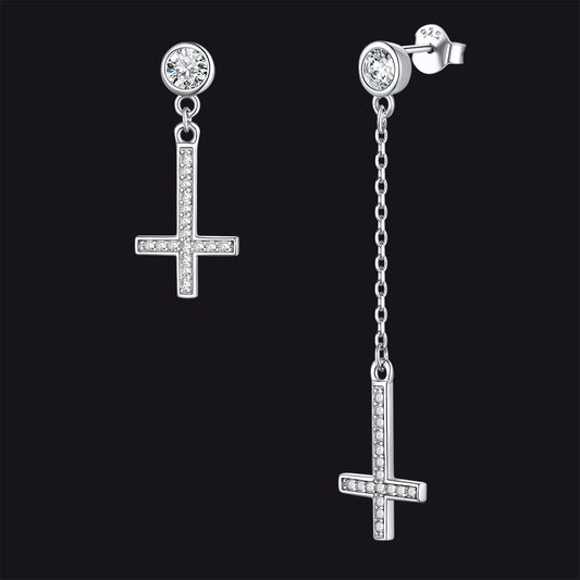 FaithHeart Sterling Silver Inverted Cross Earrings Cubic Zirconia Dangle Studs FaithHeartimg