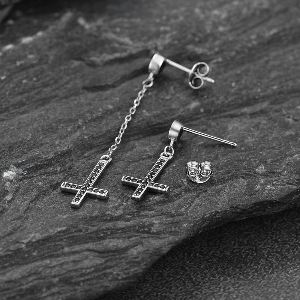 FaithHeart Sterling Silver Inverted Cross Earrings Cubic Zirconia Dangle Studs FaithHeart