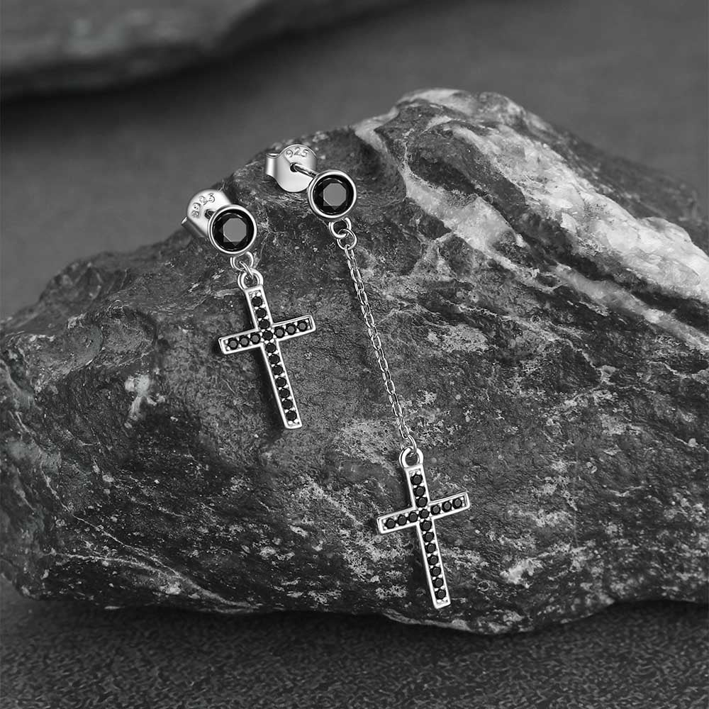 FaithHeart Cross Drop Earrings Sterling Silver Black Onyx Dainty Dangle Earrings FaithHeart