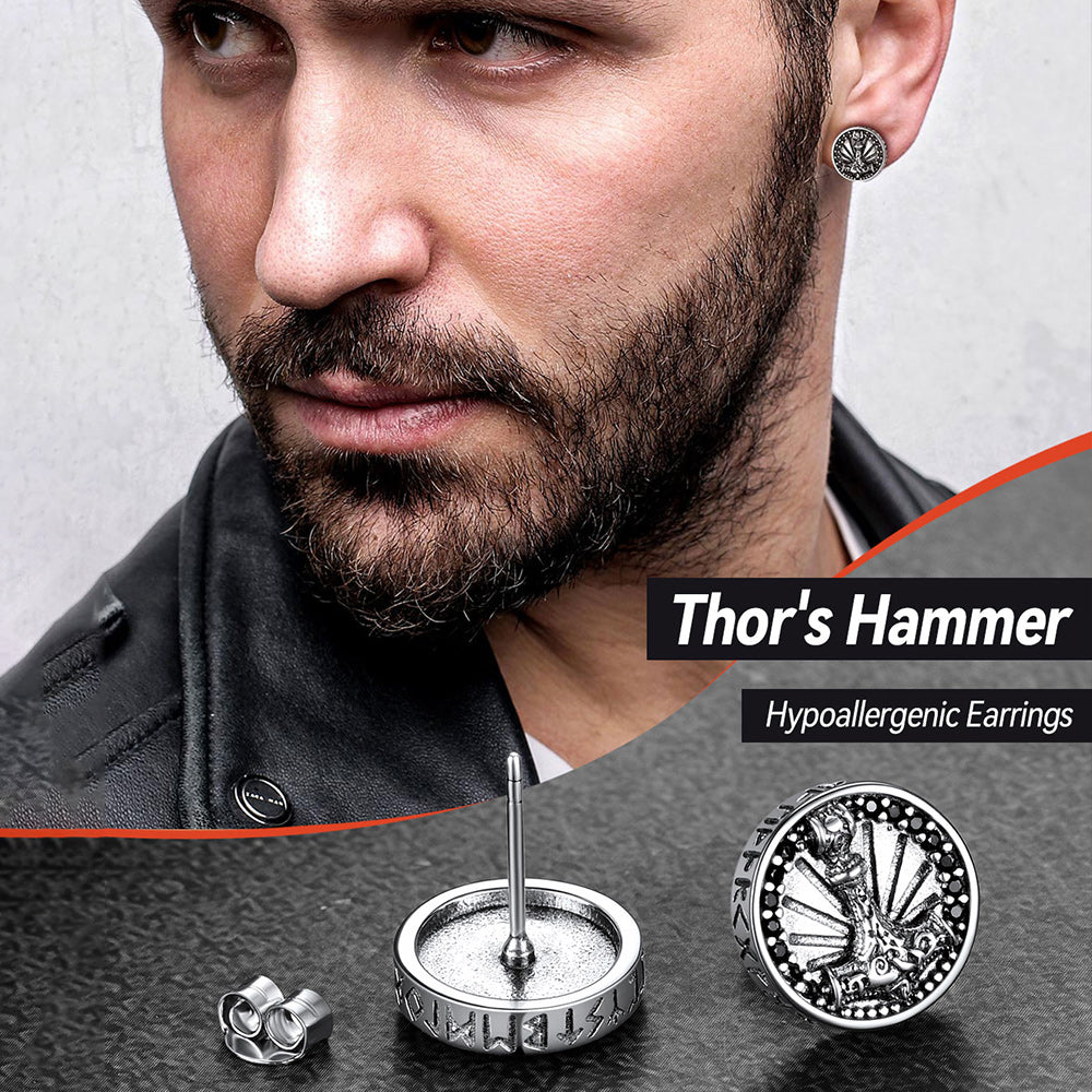 Thor's Hammer Stud Earrings with Rune - Sterling Silver