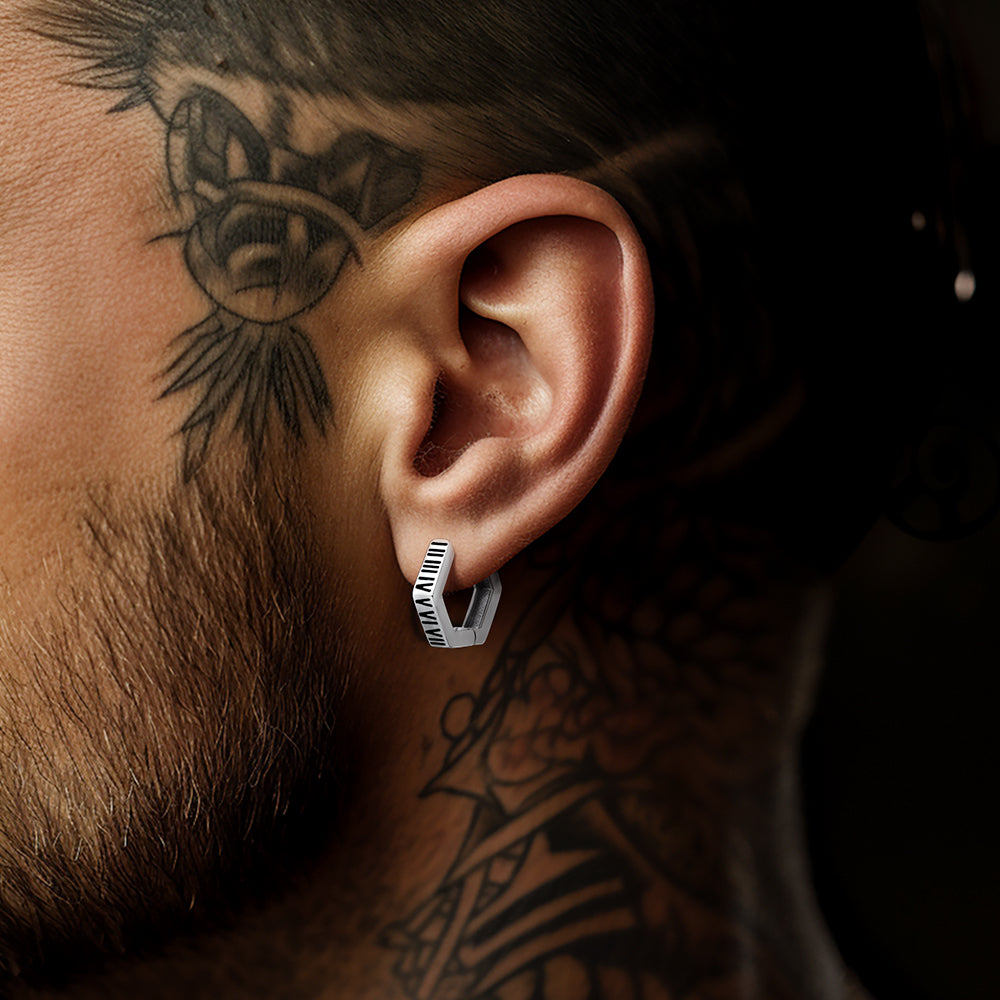 FaithHeart Roman Numerals Hexagon Huggie Earrings For Men FaithHeart