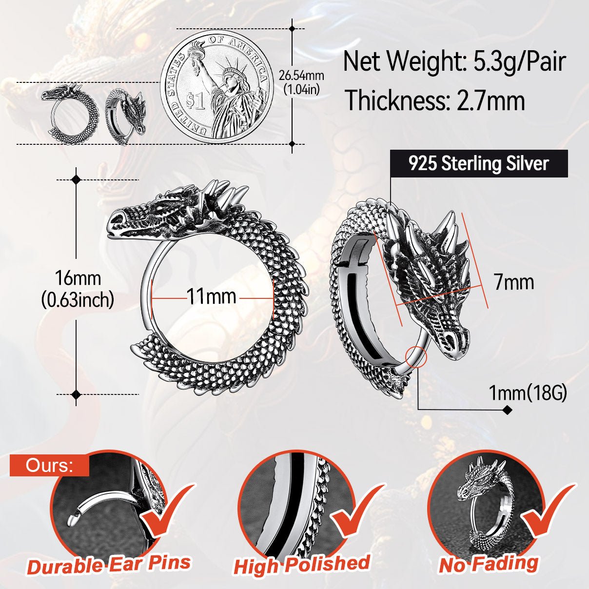 Faithheart Silver Punk Dragon Hoop Earrings: Dragon design, durable and high-polish finish.