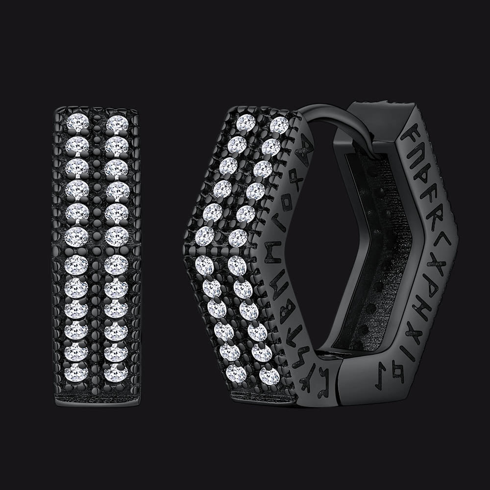 FaithHeart Iced Out Cubic Zirconia Hexagon Huggie Earrings With Runes