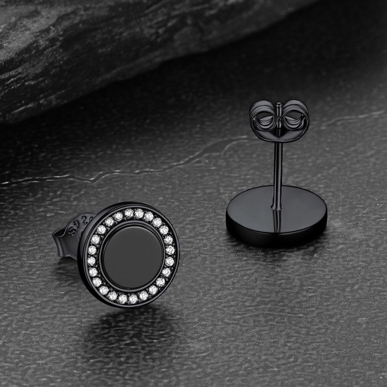 Black onyx stud earrings for men with diamond accents