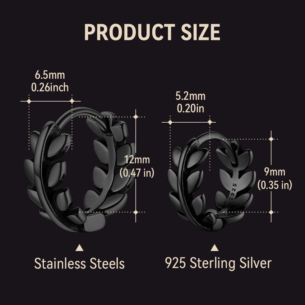 Small Leaf Hoop Huggie Earrings size chart Stainless Steels/925 Sterling Silver