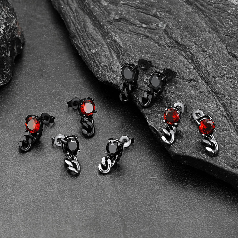 Pair of chain earrings with red gemstones & black gemstones