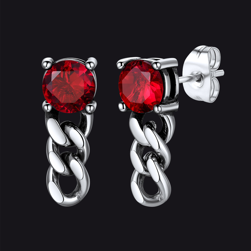 Silver chain earrings with red gemstones