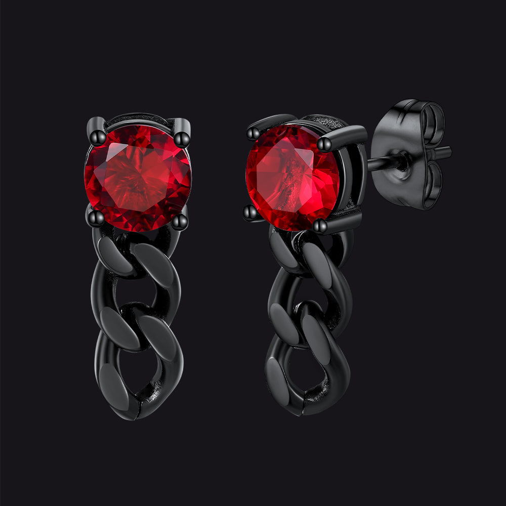 Black chain earrings with red gemstones