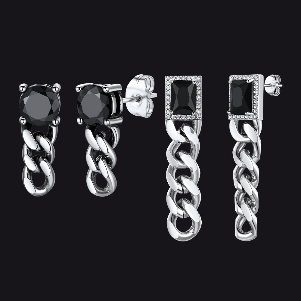 Black Cubic Zirconia Chain Link Dangle Stud Earrings for Men