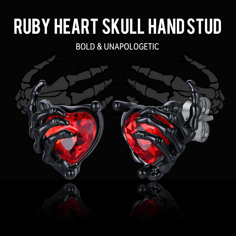 Black Ruby Heart Skull Hand Stud Earrings