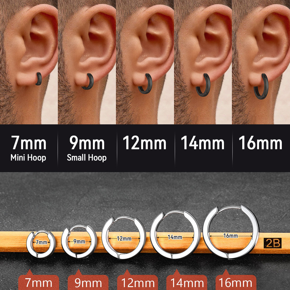 Earrings size guide showing different hoop sizes on ears with measurements below.