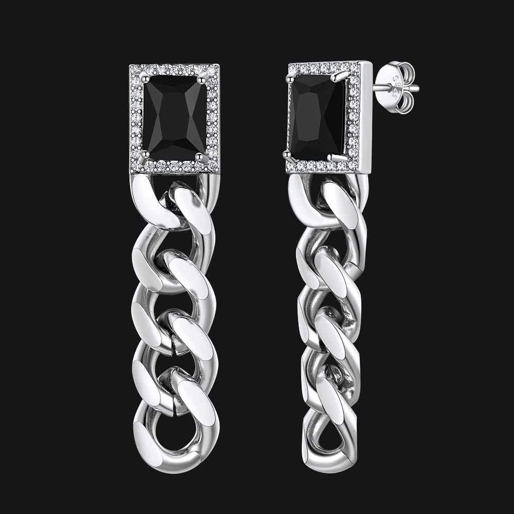 Black Cubic Zirconia Chain Drop Earrings with Gem for Men