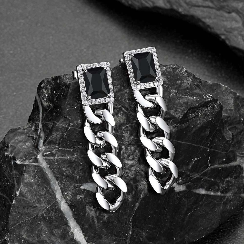 Black Cubic Zirconia Chain Drop Earrings with Gem for Men