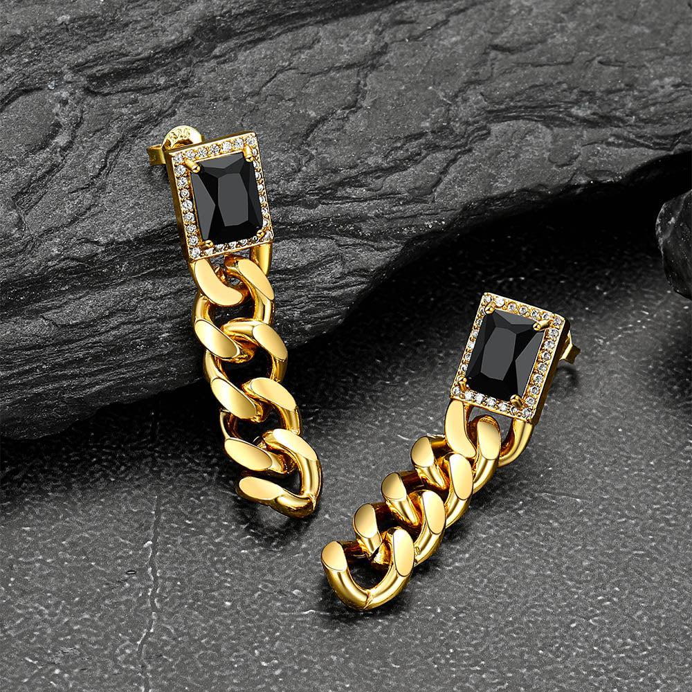 Black Cubic Zirconia Chain Drop Earrings with Gem for Men