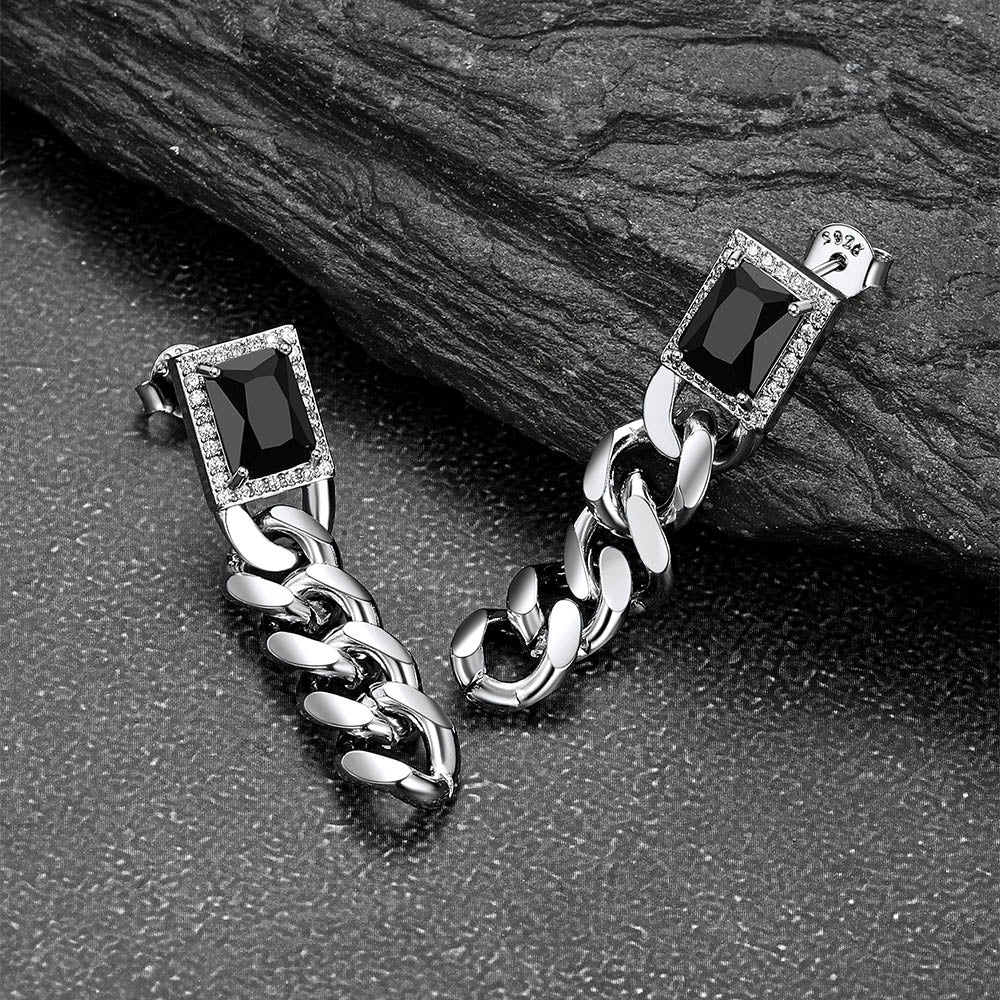 Black Cubic Zirconia Chain Drop Earrings with Gem for Men