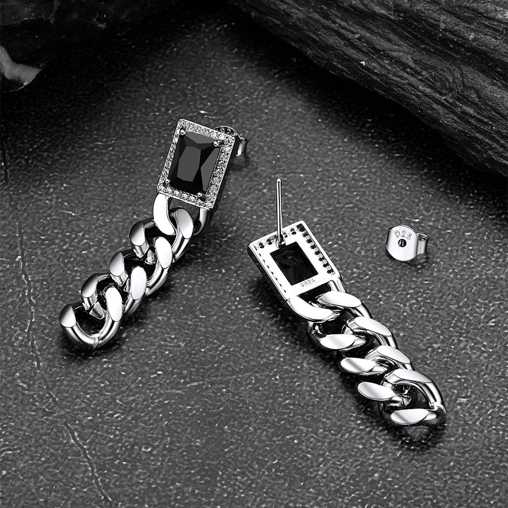 Black Cubic Zirconia Chain Drop Earrings with Gem for Men