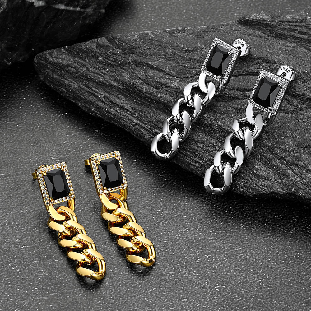 Black Cubic Zirconia Chain Drop Earrings with Gem for Men