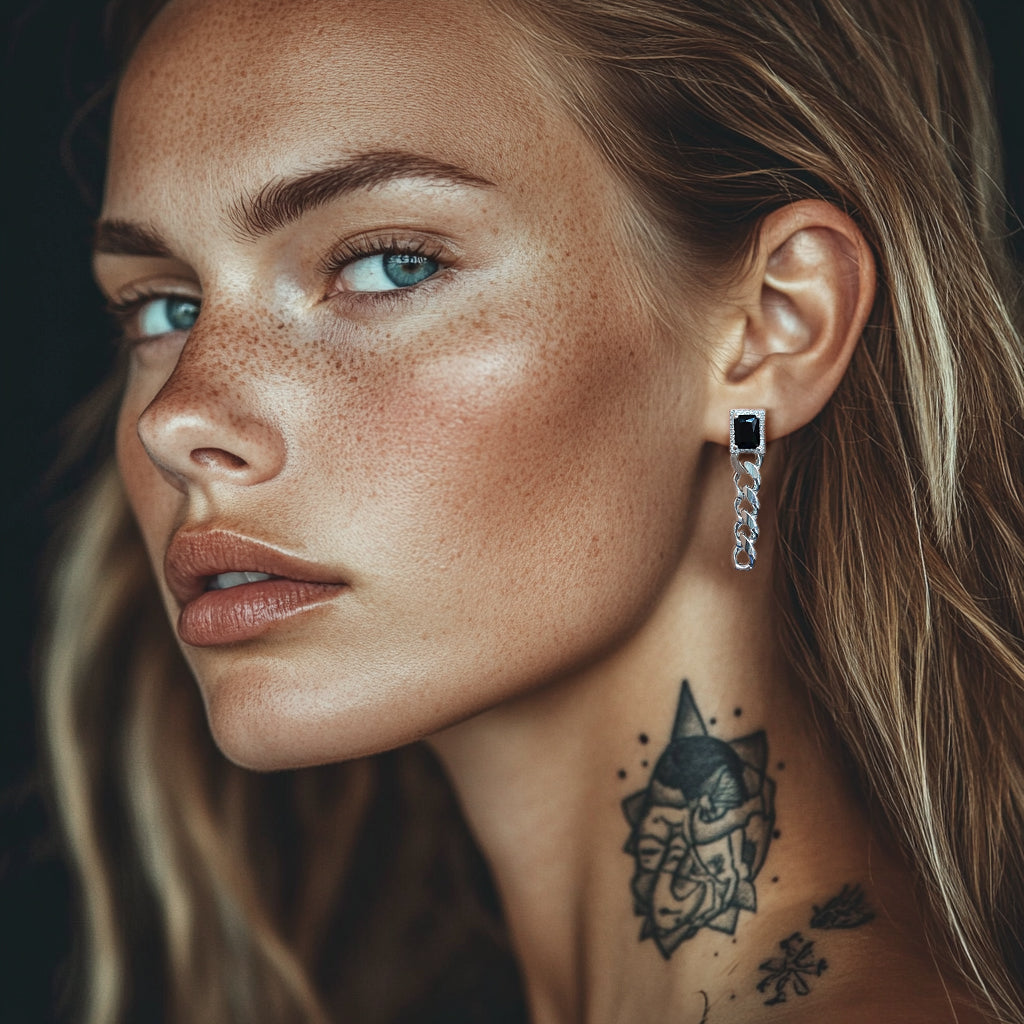 Black Cubic Zirconia Chain Drop Earrings with Gem for Men