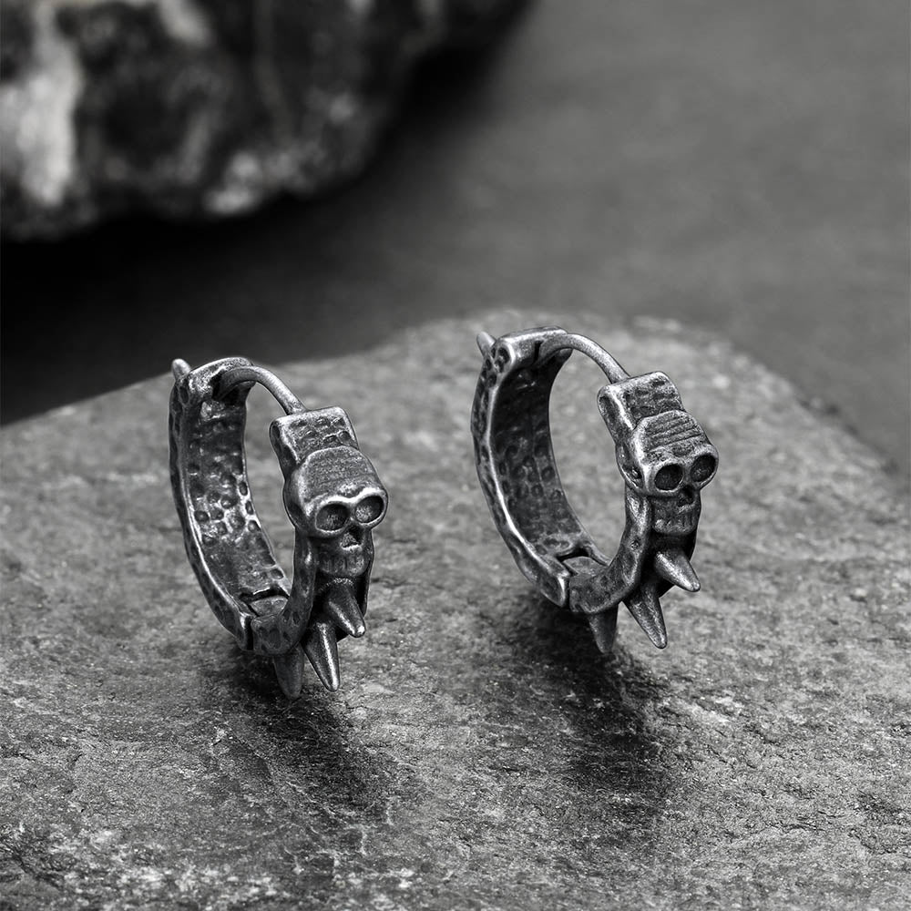 Gothic Vintage Black Skull Spiked Hoop Earrings