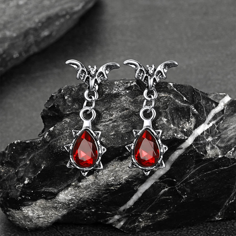 Gothic Punk Red Cubic Zirconia Bat Drop Earrings