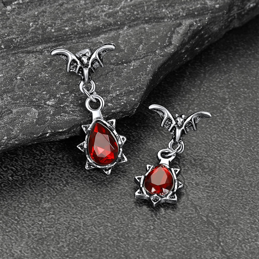 Gothic Punk Red Cubic Zirconia Bat Drop Earrings